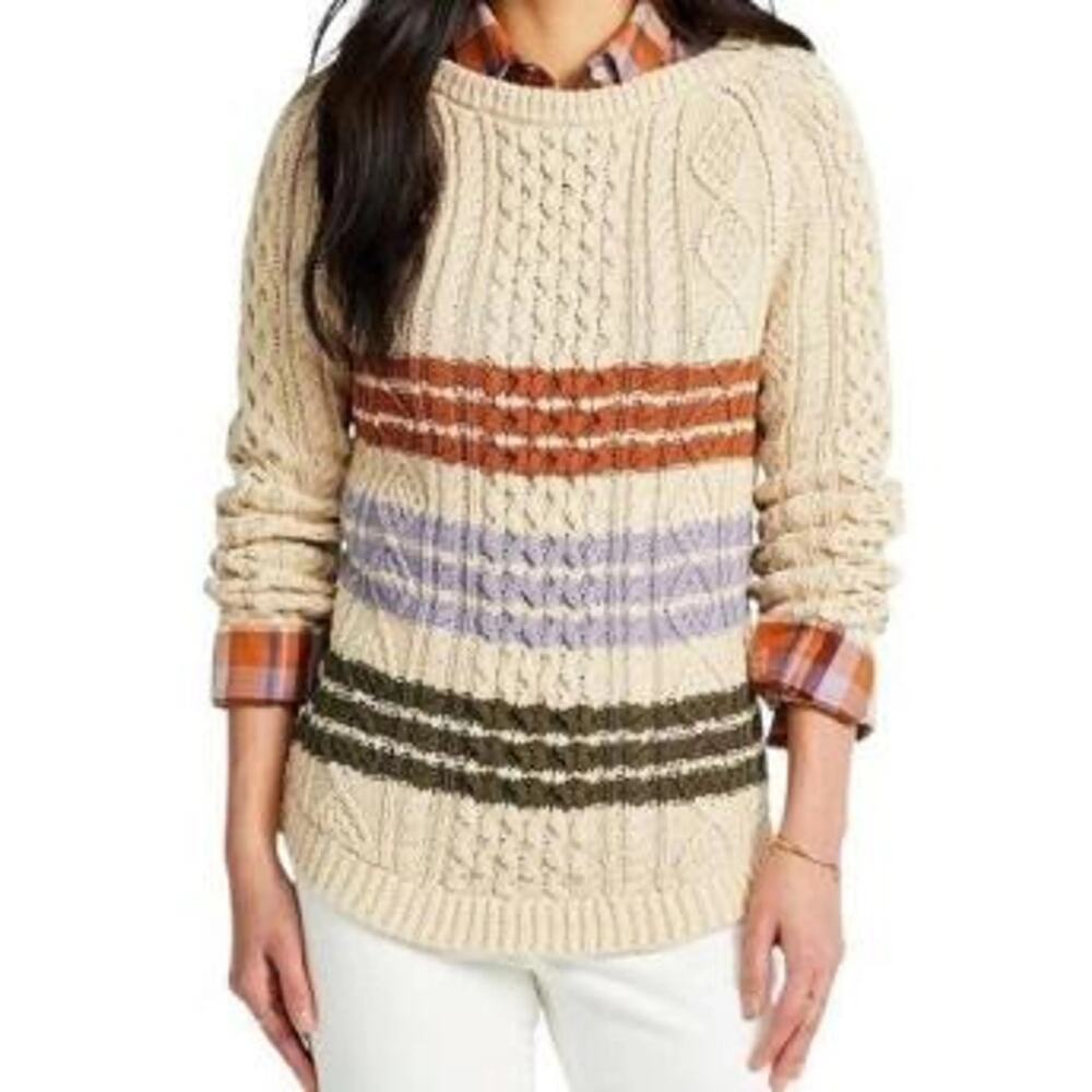 LL BEAN SIGNATURE Cotton Fisherman Tunic Cable-Knit Sweater Beige Stripe Size L
